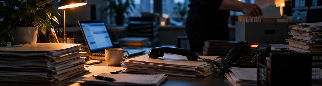An off-hook phone rests on folders while someone files paperwork beside a laptop.