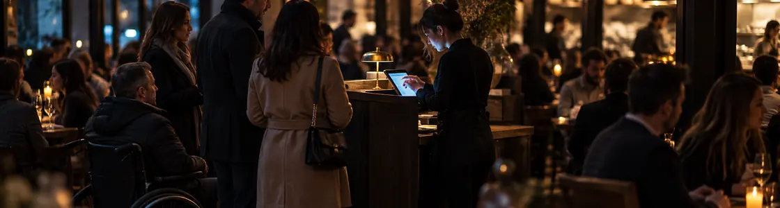 A host checks a tablet while guests, including a wheelchair user, wait at a busy restaurant.
