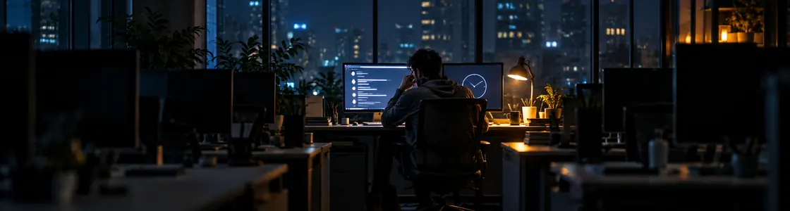 One person works at a lit support workstation among dark, empty office desks at night.