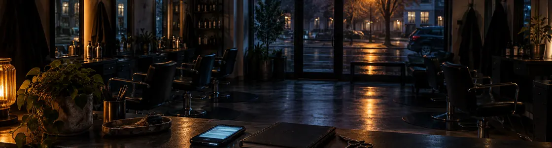 A message lights up a phone beside an appointment book in a closed salon at night.