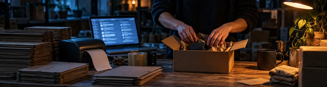 A worker packs an order beside mailers, a label printer and a laptop full of message shapes.