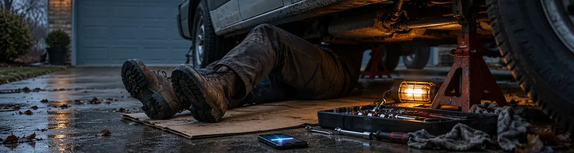 A mechanic works under a van on a gray Sunday while a phone lights up on the driveway beside the tools.